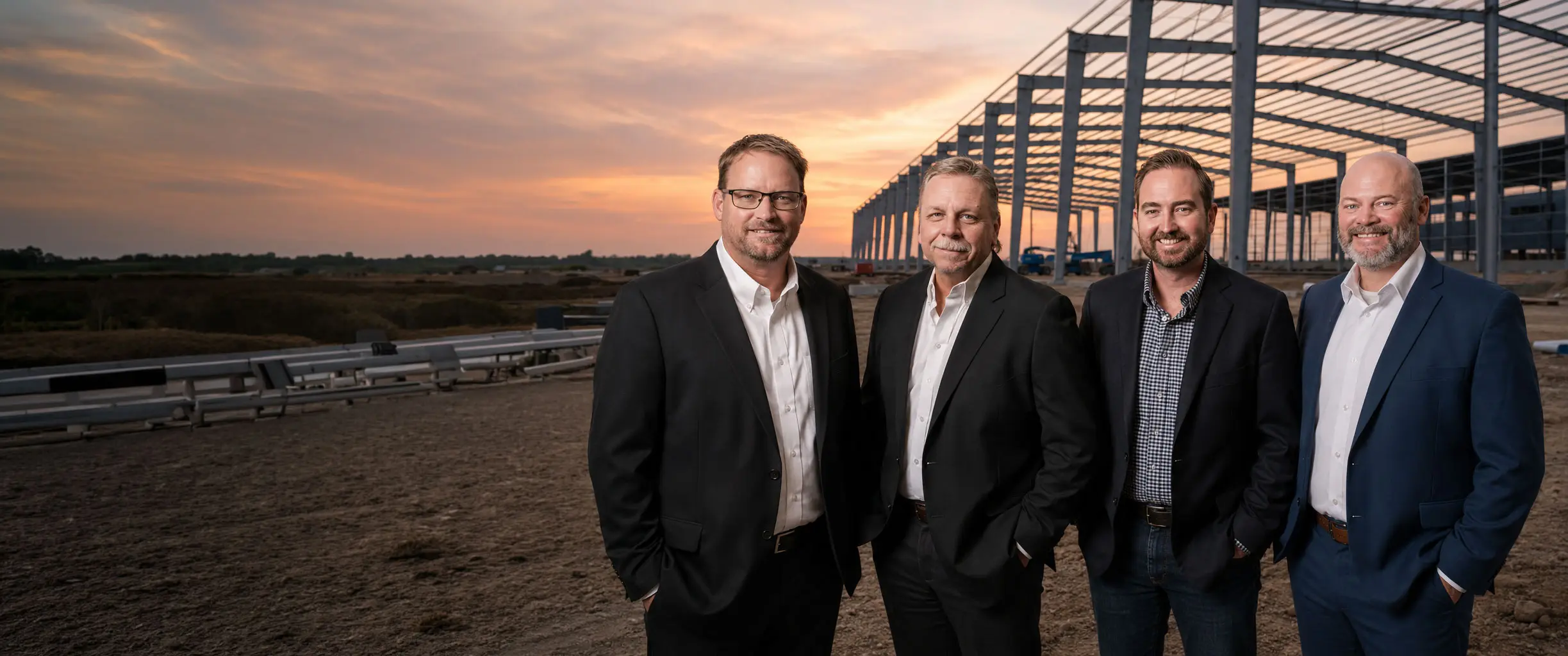 The DempseyGill leadership team at a steel-frame commercial project at sunset